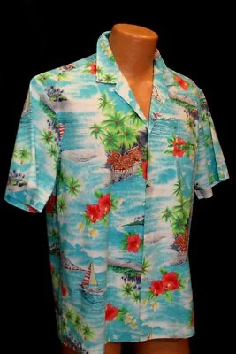 L Mens Vtg 80s Hawaiian SHIRT Royal Creations Teal Floral Tiki Hut Luau Surf USA - Image 1 of 4