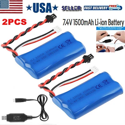 2x 7.4V BATTERY 1500mah L-14500 ABC040 SM Plug with USB Charger WPL OEM RC Parts - Image 1 of 4