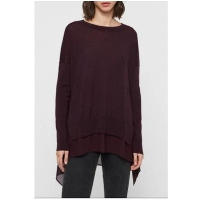 All Saints Sweater Womens Small Libby Crew Neck 100% Merino Wool Purple High Low - Image 1 of 4