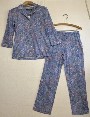 Conjunto de pijama Ralph Lauren azul/rosa cachemira LRL monograma mezcla de algodón para mujer PXS Foto 1 de 4
