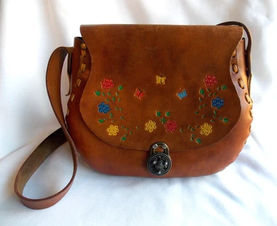 Vintage Hand Tooled Leather Handbag Painted Floral & Butterflies 60's 70's Boho - Image 1 of 4