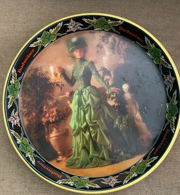 BUDWEISER BREWING ELEGANT WOMAN 13 INCH Round  METAL BEER TRAY - Image 1 of 4