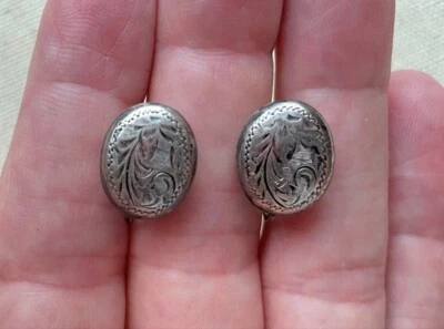 Antique Etched Button Earrings Feather Leaf Retro Oval Sterling Screw Back 5/8" - Image 1 of 4