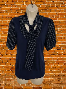MONSOON NAVY PULLOVER JUMPER SIZE UK 10 COTTON WOMENS MOCK TIE SPOT SHIRT BLOUSE - Picture 1 of 5