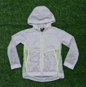 Girls Nike Windrunner Lightweight Wind Rain Hooded Jacket White Volt Sz L AQ9167 - Picture 1 of 3