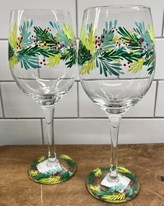 Pier 1 Balloon Wine Glass Set of 2 Winter Holiday Christmas Greenery NEW - Picture 1 of 5