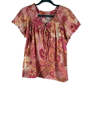 Caribbean Joe Women Floral Paisley Cinched NeckLine Tie Petite Blouse Sz Xl - Image 1 of 4
