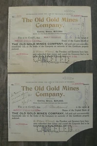Zwei (2) 1903 The Old Gold Mines Mining Company Aktienzertifikate, Wyoming - Bild 1 von 2