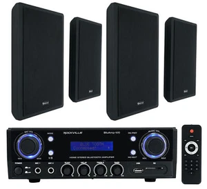 Rockville BLUAMP 100 Home Stereo Receiver Amplifier+4) Black Wall Mount Speakers - Picture 1 of 11