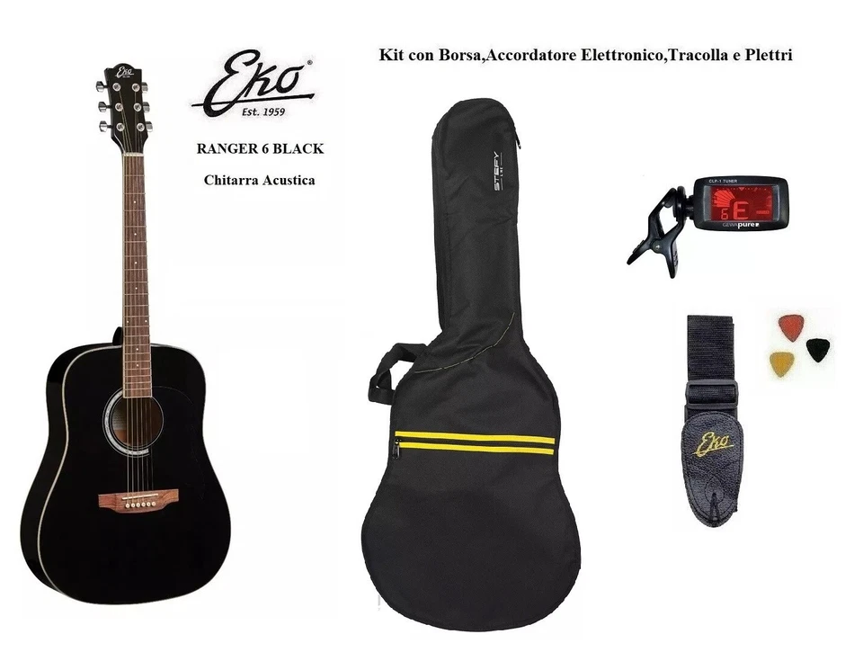 Chitarra acustica Eko Ranger 6 Black Nera Dreadnought con Corpo in abete