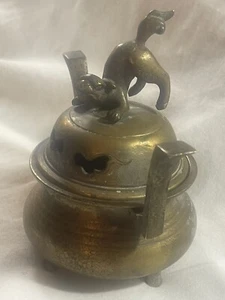 Antique Solid Brass Chinese Foo Dog Sensor Incense Burner Guardian Lion - Picture 1 of 12