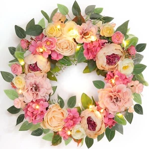 22" Peony Wreath, Floral Spring Summer Wreaths for Front Door & Lights Timer ... - Picture 1 of 7