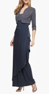 Alex Evenings L79117 Smoke Draped Column Gown + Bolero Jacket Size 10P - Picture 1 of 4