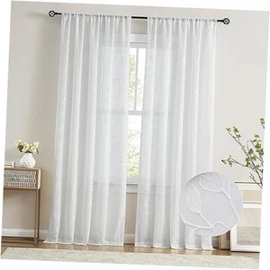 Floral White Sheer Curtains 84 inch Embroidery Leaf Patterned Farmhouse Light - Picture 1 of 7