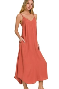Zenana Woven Arc Hem Cami Midi Dress With Flowy Pockets - Picture 1 of 4