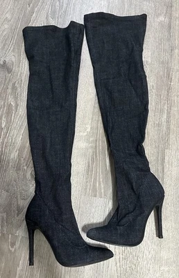 Ami Clubwear Denim Pointed Toe Knife Thigh High Blue Boots Size 7.5 Used Great - Image 1 of 4