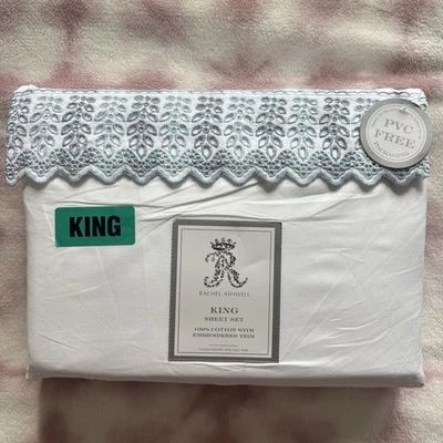 Rachel Ashwell Embroidered Eyelet Hem KING Sheet Set White 100% Cotton Blue New - Image 1 of 4