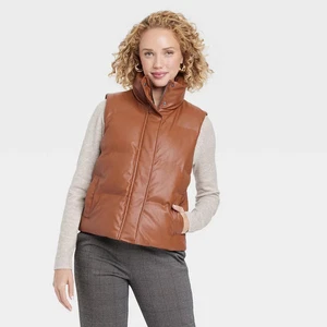 Women's Faux Leather Puffer Vest - A New Day Tan M - Picture 1 of 2