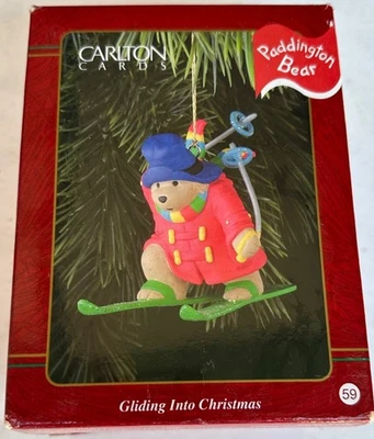 VINTAGE 1996 Carlton Cards Paddington Bear Ornament Gliding Into Christmas 2" - Image 1 of 4