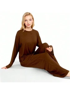 Women's Minimalist Lounge Set With Long Sleeve Oversized Top And Wide Leg Pants - Picture 1 of 8