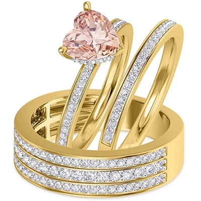 Juego de anillos de compromiso trío de morganita creado en laboratorio de 2,90 quilates oro bicolor de 14 quilates FN Foto 1 de 4