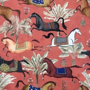 Arabian Horses Printed Cotton Rusty Red Fabric Palm Tree Animal Stallion Black - Picture 1 of 10