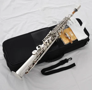 Top Silver nickel Straight Soprano Saxophone Bb sax High F# G Key 2 Necks new  - Picture 1 of 9