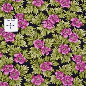 Sweet Crisp Pink Flowers & Green Leaves on Black Cotton Fabric by Kona Bay - Picture 1 of 5