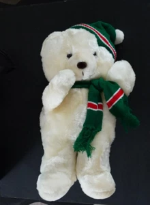 VINTAGE DH HOLMES WHITE WITH GREEN HAT & SCARF CHRISTMAS TEDDY BEAR 21" PLUSH - Picture 1 of 2