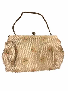 Bolso sin asas vintage Corde Bead lumurado marfil floral con cuentas - Imagen 1 de 5