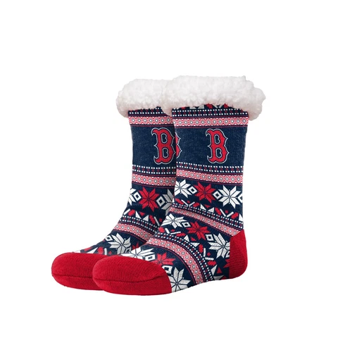 Boston Red Sox Women's Fair Aisle Logo Tall Footy Slippers Size 6-10 Non Skid Cover