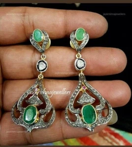 Women's Polki & Slice Diamond Drop Earring, 925 Silver Emerald With Ruby Earring - Picture 1 of 4