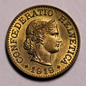 Switzerland 10 Rappen 1919 Unc Swiss Brass Coin KM# 27a - Picture 1 of 2