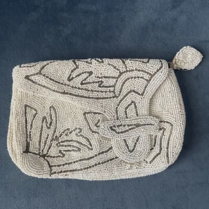 Beaded Bag White & Brown Clutch Belgium Made Zipper Snap Heavy Vintage 20s Flaws - Picture 1 of 23