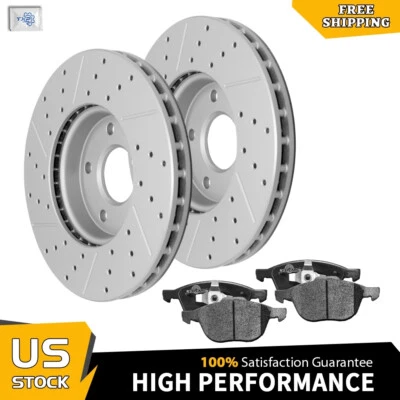 Front Drilled Disc Rotors + Ceramic Brake Pads Kit for Ford Focus Volvo C30 S40 - Image 1 of 4