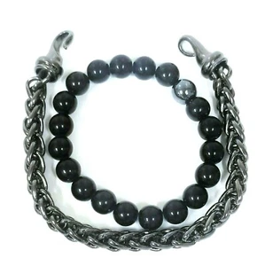 GUESS BOX 2 PC SET GUNMETAL CHAIN LINK,BLACK,GRAY HEMATITE BEADS CUFF BRACELET - Picture 1 of 7