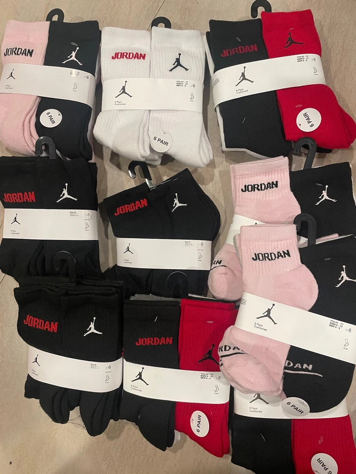 6 Pairs Nike Jordan ANKLE CREW SOFT Socks Mens 6-8 Womens 6-10 Kids 5Y-7Y New - Image 1 of 1