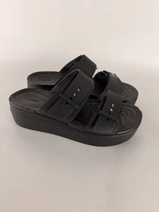 UsedAsIs - Crocs Womens 8 Brooklyn Buckle Low Wedges, Platform Sandals, Black - Picture 1 of 10