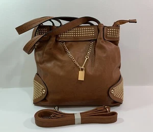 Camel Brown Gold Studded Shoulder Double Handle Handbag with Faux Lock & Strap - Picture 1 of 8