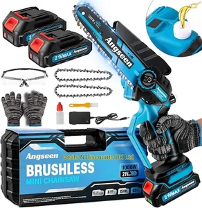 Mini Chainsaw Angseen 6 Inch 1000W Brushless Motor Auto Oiler 2x2000mAh Battery - Picture 1 of 15