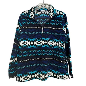 Denim & Co Long Sleeve Pullover Fleece Top Size M Aztec Western Quarter Zip Blue - Picture 1 of 7