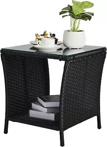 Outdoor Wicker Side Table Patio Side Tables for Outside, Tempered Glass Top Wick - Picture 1 of 7