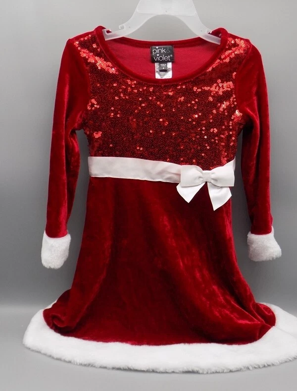 Red Velvet Velour Size 4 Holiday Christmas Dress Sequins Fur Pink & Violet New - Image 1 of 4