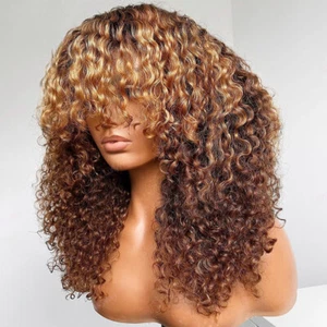 Curly Human Hair Wigs with Bangs Full Machine Made Wigs Hair Hair for Women 200% - Picture 1 of 7
