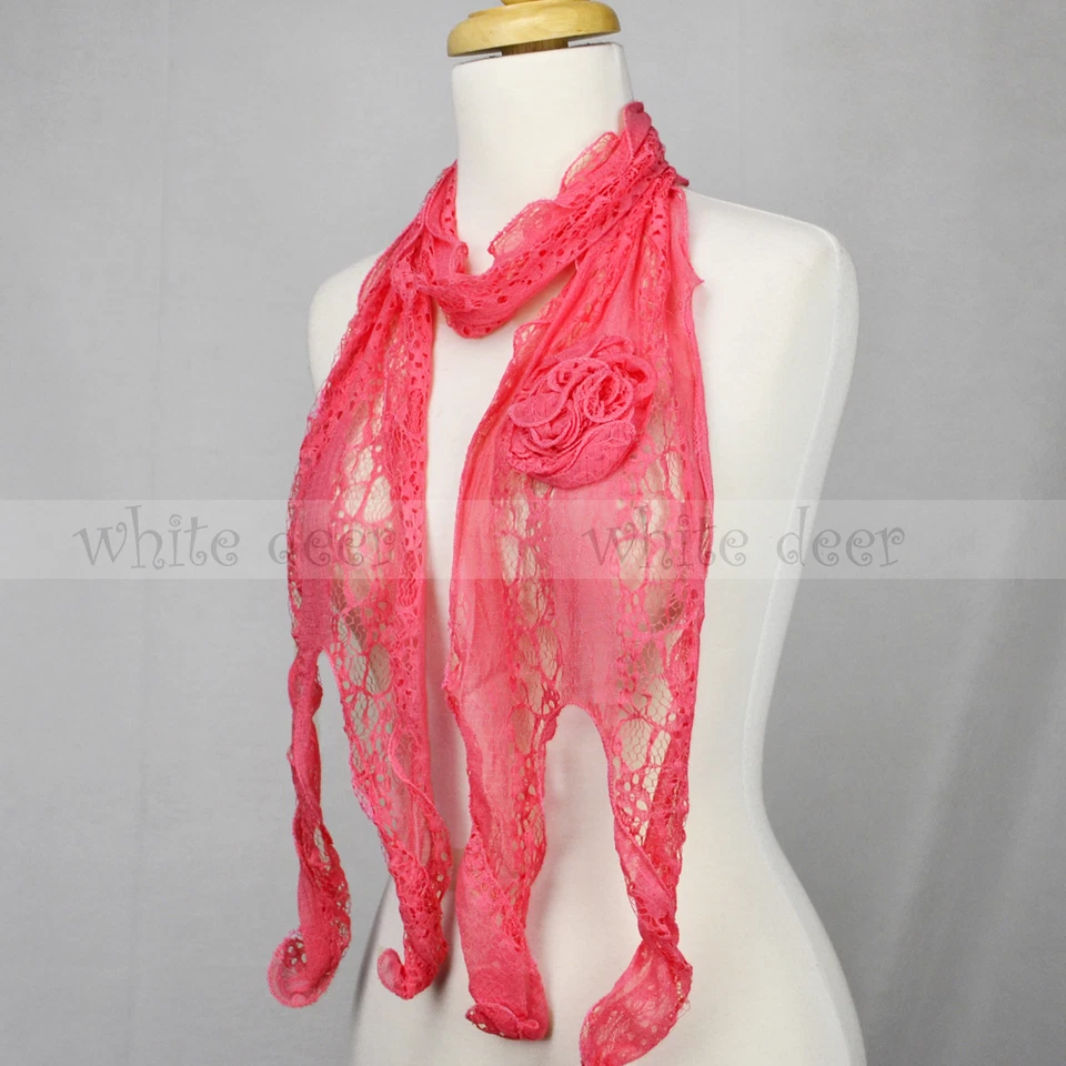 Bufanda de encaje ondulada rizada flecos bordado cosido en flor borla color liso transparente Foto 1 de 1