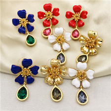 OSCAR DE LA RENTA Enamel Flower Gold Plated Earrings Zircon drop Stud Earrings