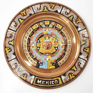 Vintage 70er Kupfer Azteken Sonne Stein Kalender Mexiko Teller emailliert bunt 11" - Bild 1 von 11