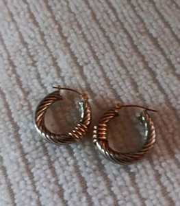 14K GELBGOLD & 925 STERLING SILBER ZOPF GEDREHT CREOLEN SIGNIERT! - Bild 1 von 7