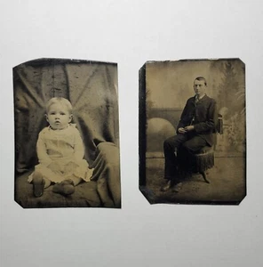 Two Tintype Antique Photos 2.5 × 3.5 Portriats Of A Man And A Baby - Picture 1 of 4