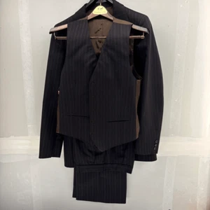 Vintage Yves Saint Laurent 3 Piece Suit Mens Chocolate Brown Pinstriped Wool 38R - Picture 1 of 13